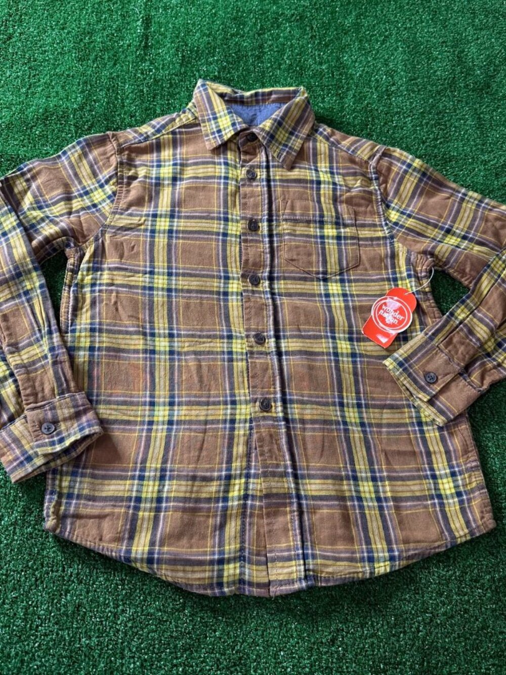 Wonder Nation Boys M 8 Brown Yellow Plaid Button Up Shirt Long Sleeve Woven NWT